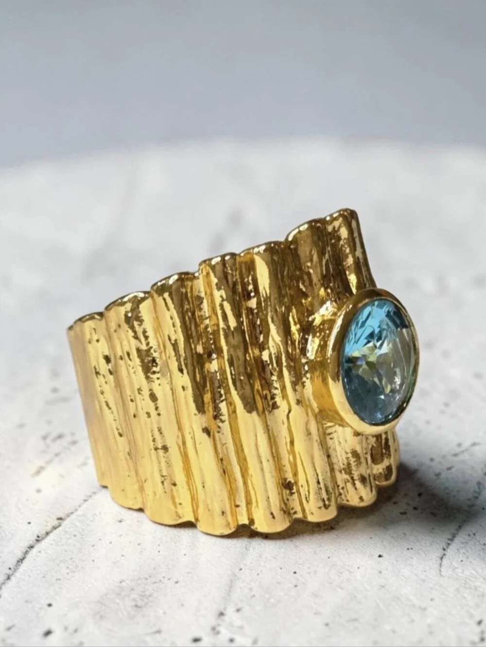 24k Gold Plated Artisan Wide Pleated Band Aquamarine Crystal Statememt Ring